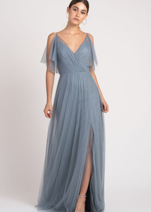 V Neck Blue Gray Tulle Slit Bridesmaid Dress